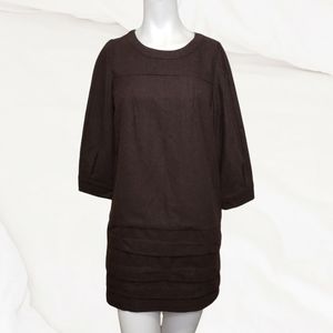 H&T small Korean fashion brown wool blend 3/4 sleeves crew neck mini dress